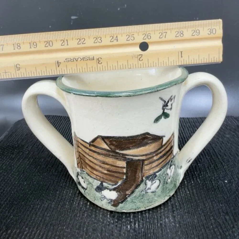 G Miller Signed Handcraft Art Pottery Double Handle Cup Mug Elephant Giraffe VTG